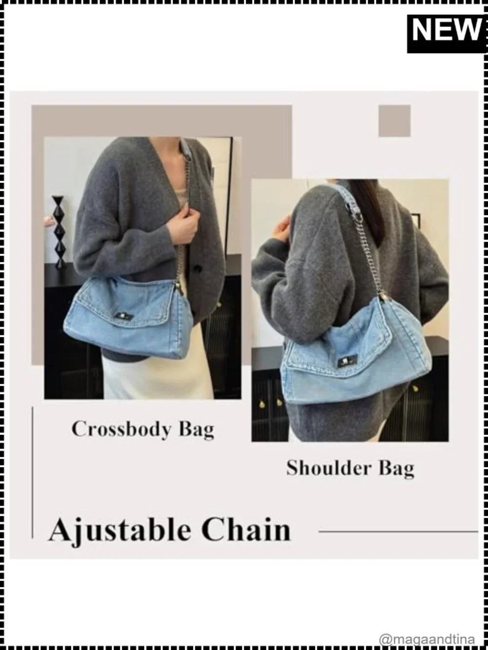 Denim Tote Bag Adjustable Chain Shoulder Crossbody Hobo Purse